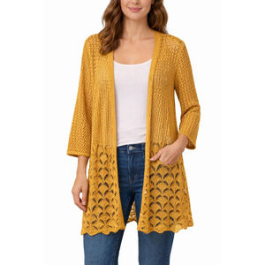 Christopher & Banks PM Mustard Crochet Cardigan Boho Open Knit Petite M
